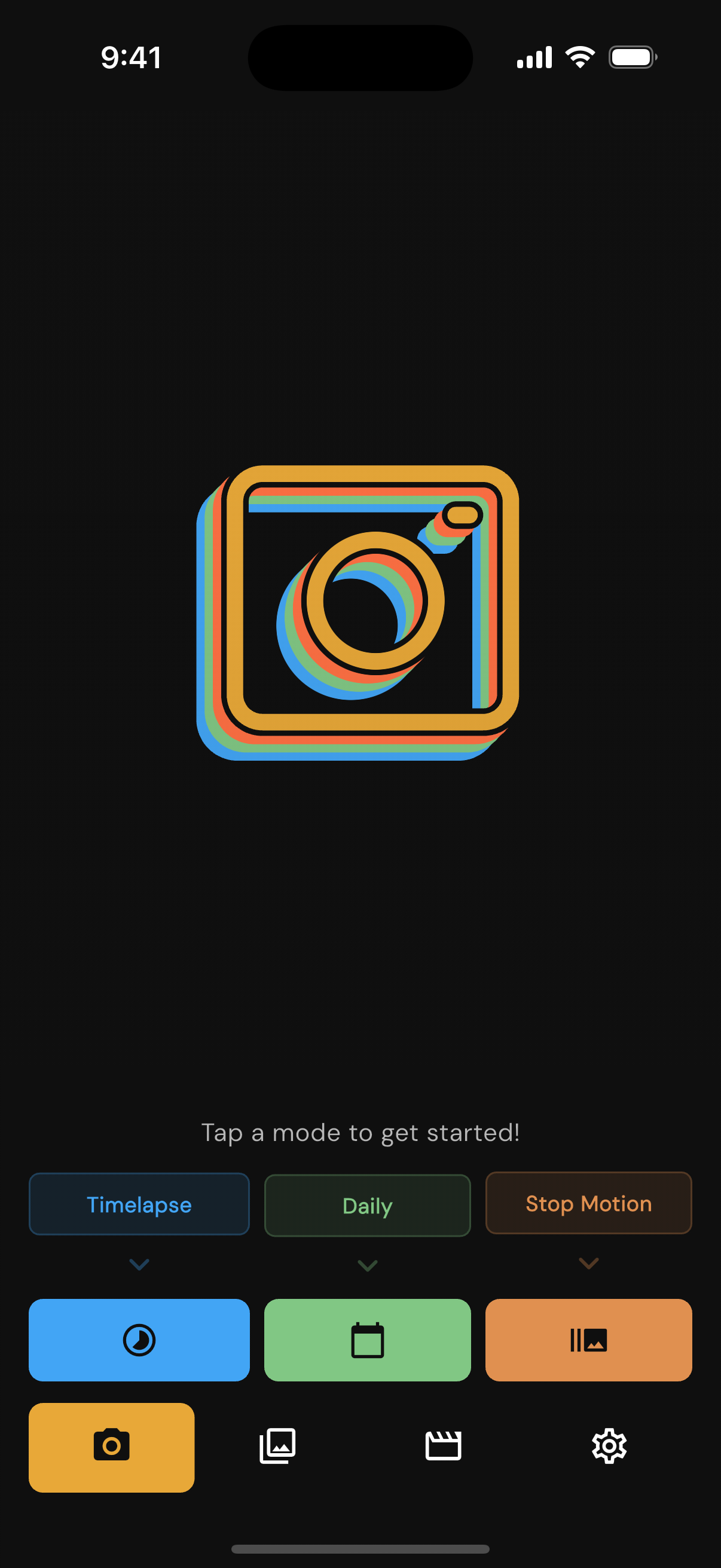 Stytch home screen on first launch, prompting to pick a capture mode
